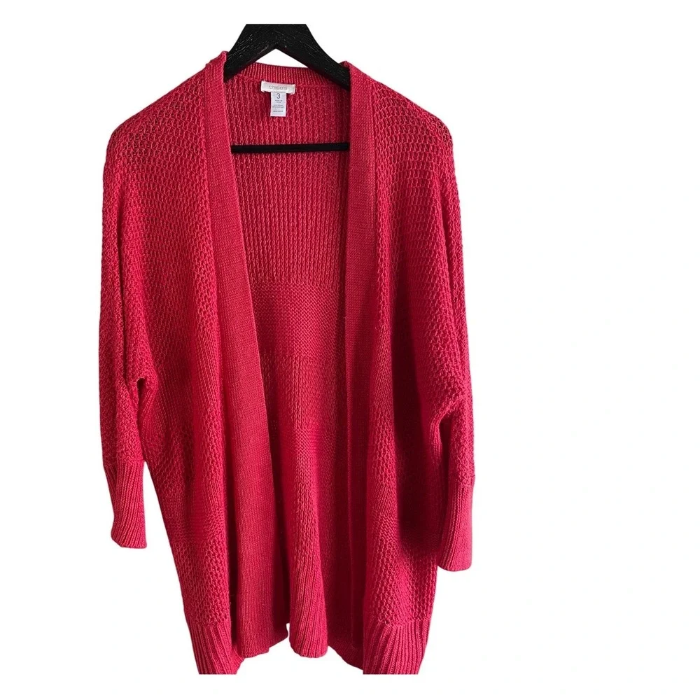 Chicos Knit cherry‎ Red Open Front Cardigan Sweater textured Size XL career